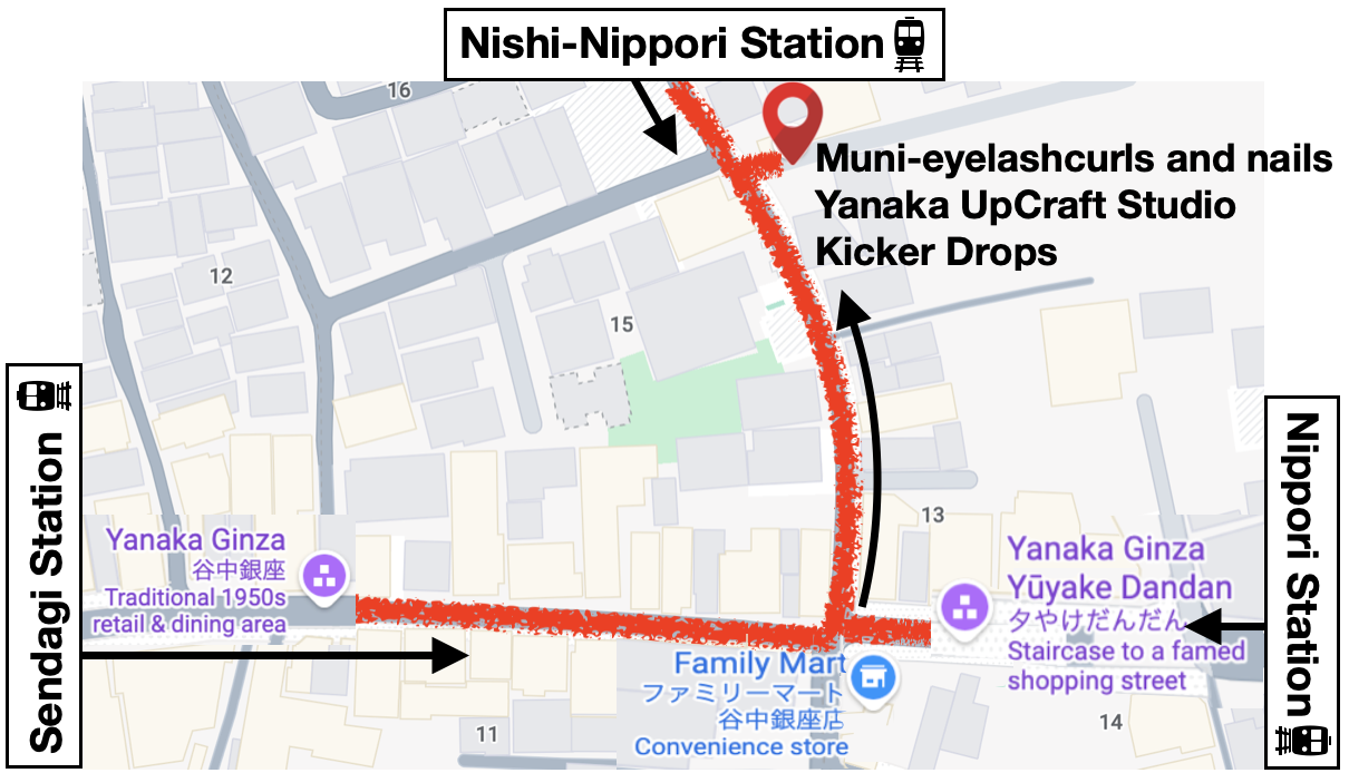 Full walking map from Nishi-Nippori, Nippori, and Sendagi stations to Yanaka UpCraft Studio near Yanaka Ginza